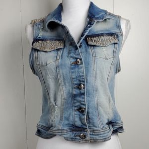 BKE jean vest with embroidery and rhinestone bling size medium